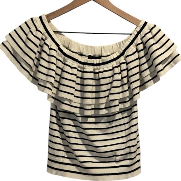 J Crew Off The Shoulder Ruffle Striped Knit Sweater, Sleeveless Black/White, XXS - Picture 3 of 11